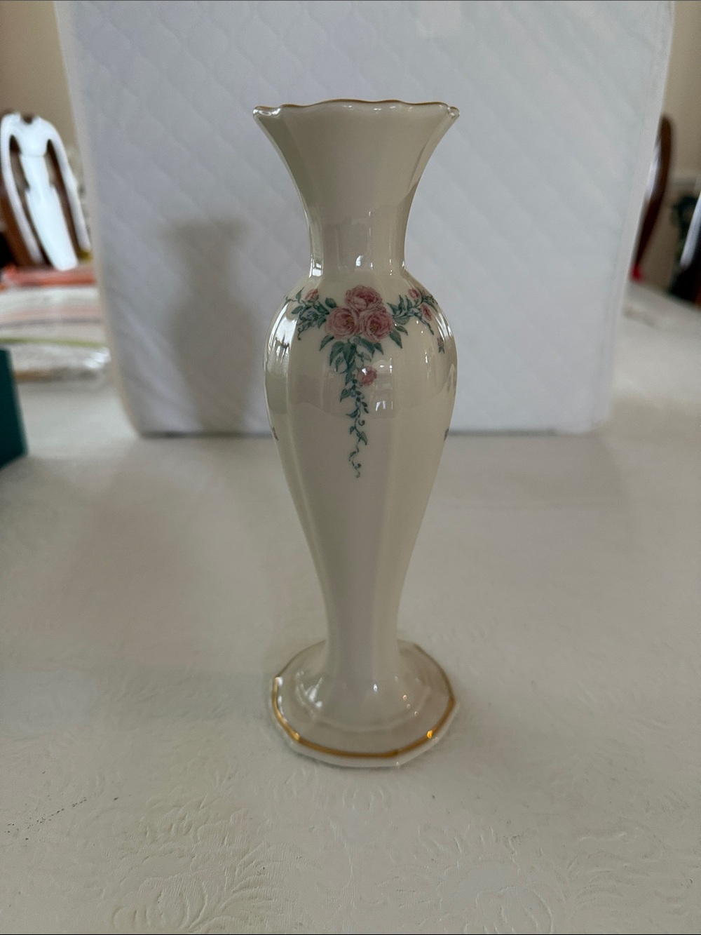 Lenox petite Rose Bud Vase with Pink Rose Motif and Gold trim
